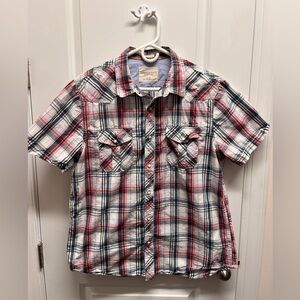 American Eagle Outfitters Red and Blue Plaid Men's Shirt Pearl snap up XL